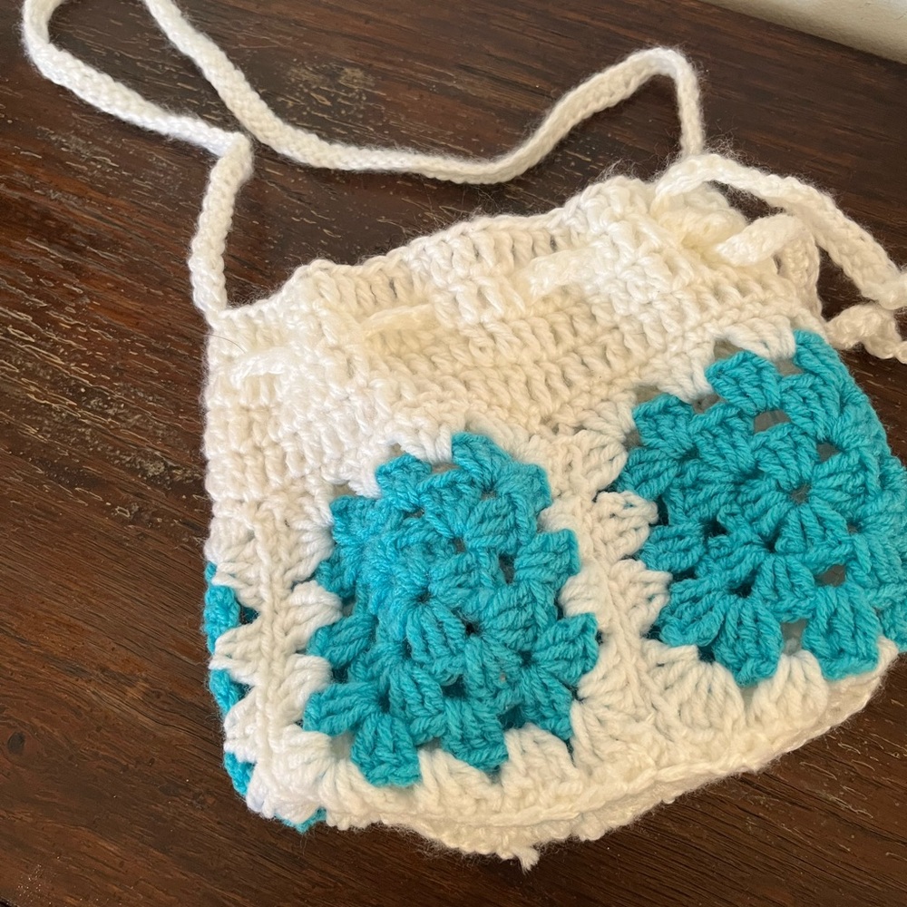 Crochet Crossbody Bag in White and Teal